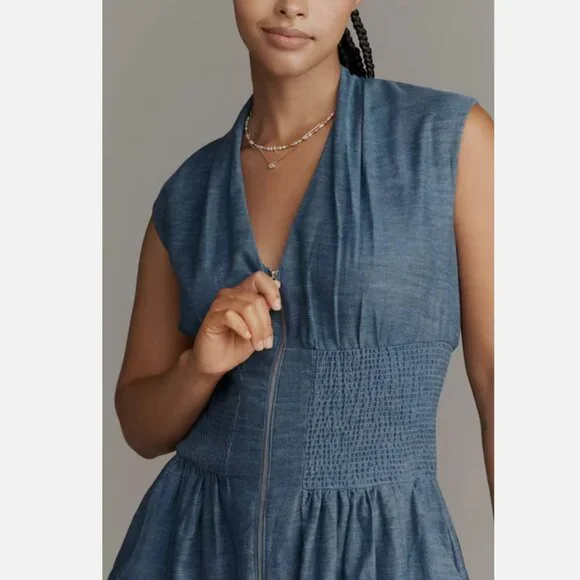 Anthropologie The Tommie Denim Chambray Zip Front Eyelet Trim Dress Blue S NWT